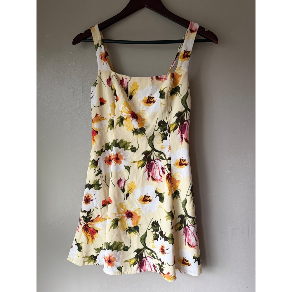 Abercrombie & Fitch Floral Mini Dress Yellow Square Neck Smocked Back Womens XS